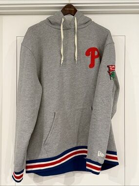 New Era Gray Hoodie with Embroidered Logo & Navy-Striped Hem Phila. Phillies